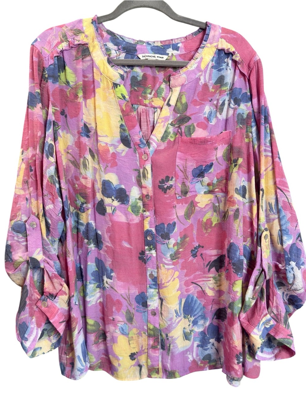 Zac & Rachel Watercolor Pink Floral Roll Tab Blouse Plus Size 3X